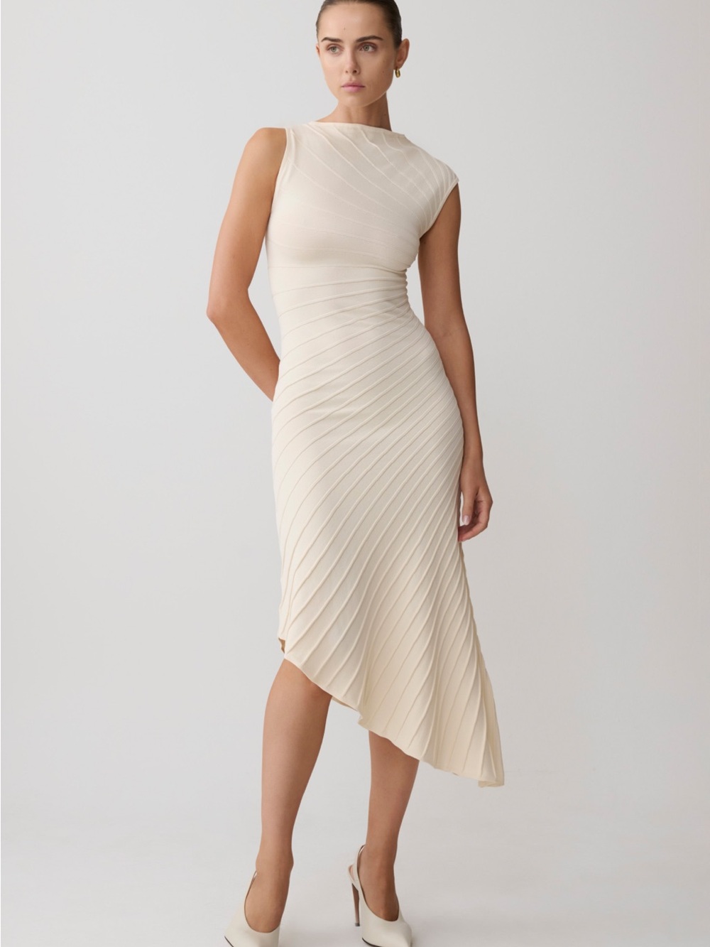 Cream Asymmetrical Pleated Midi Dress
